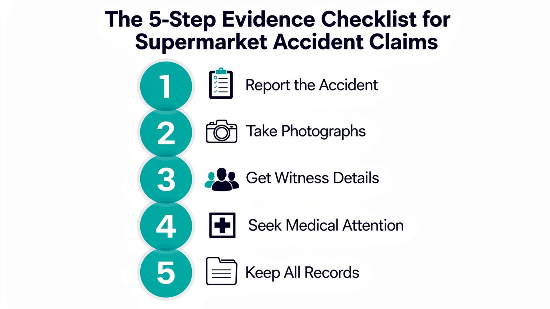 Infographic showing the 5-step evidence checklist for UK supermarket accident claims: Step 1 Report the incident to store management, Step 2 Take photographs of the hazard and surrounding area, Step 3 Collect witness contact details and statements, Step 4 Request CCTV footage preservation from the supermarket, Step 5 Seek medical attention and obtain medical records